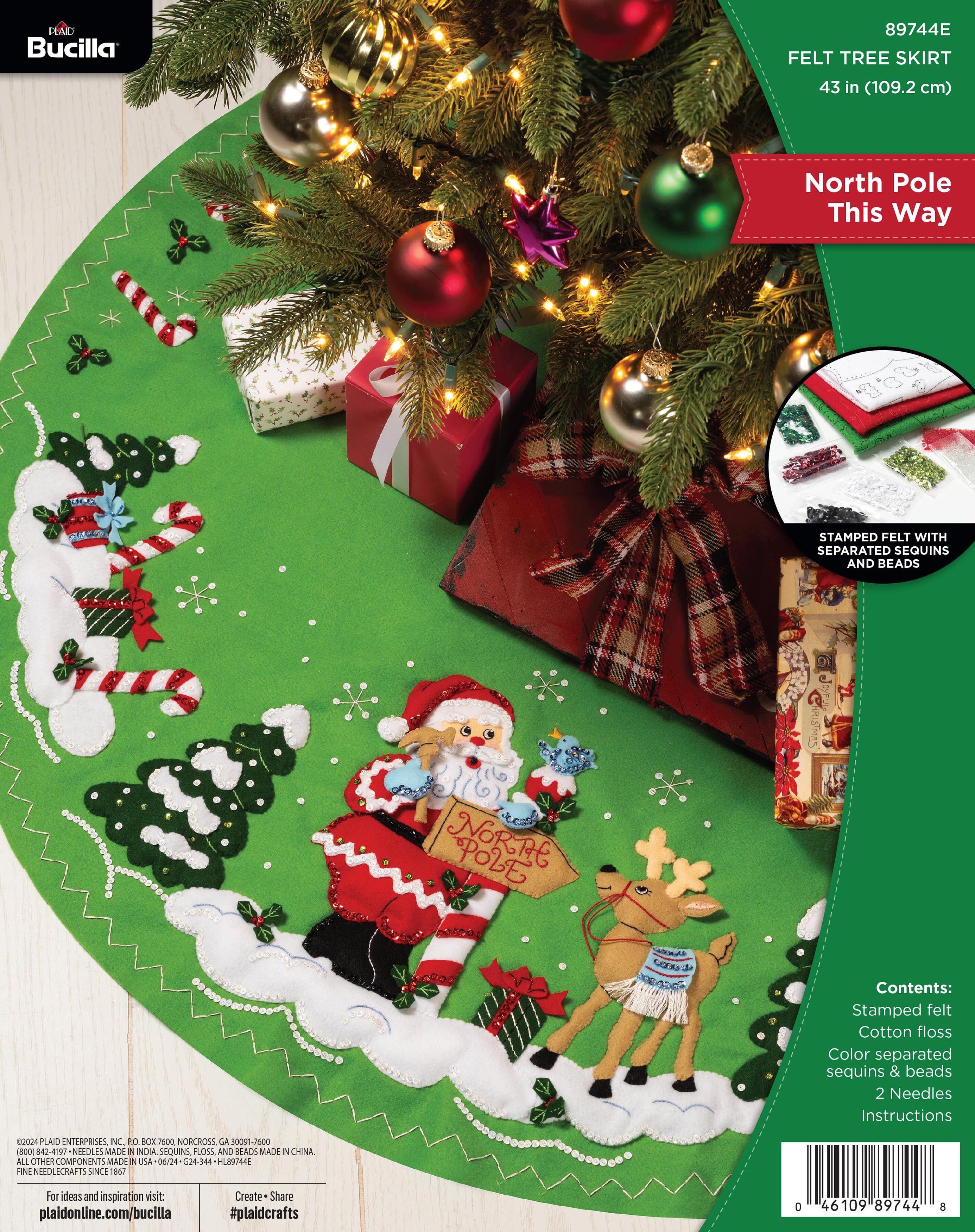 North Pole This Way Green Felt Christmas Tree Skirt Kit