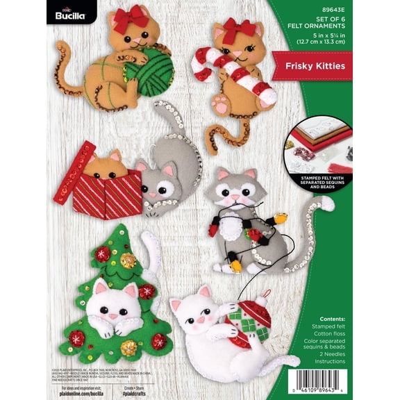 Bucilla Frisky Kitties 6 Count Felt Applique Ornament Kit