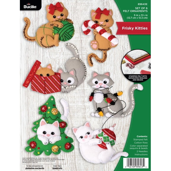 Bucilla 5" x 5.25" Frisky Kitties Felt Applique Christmas Ornament Kit, 6 Pieces