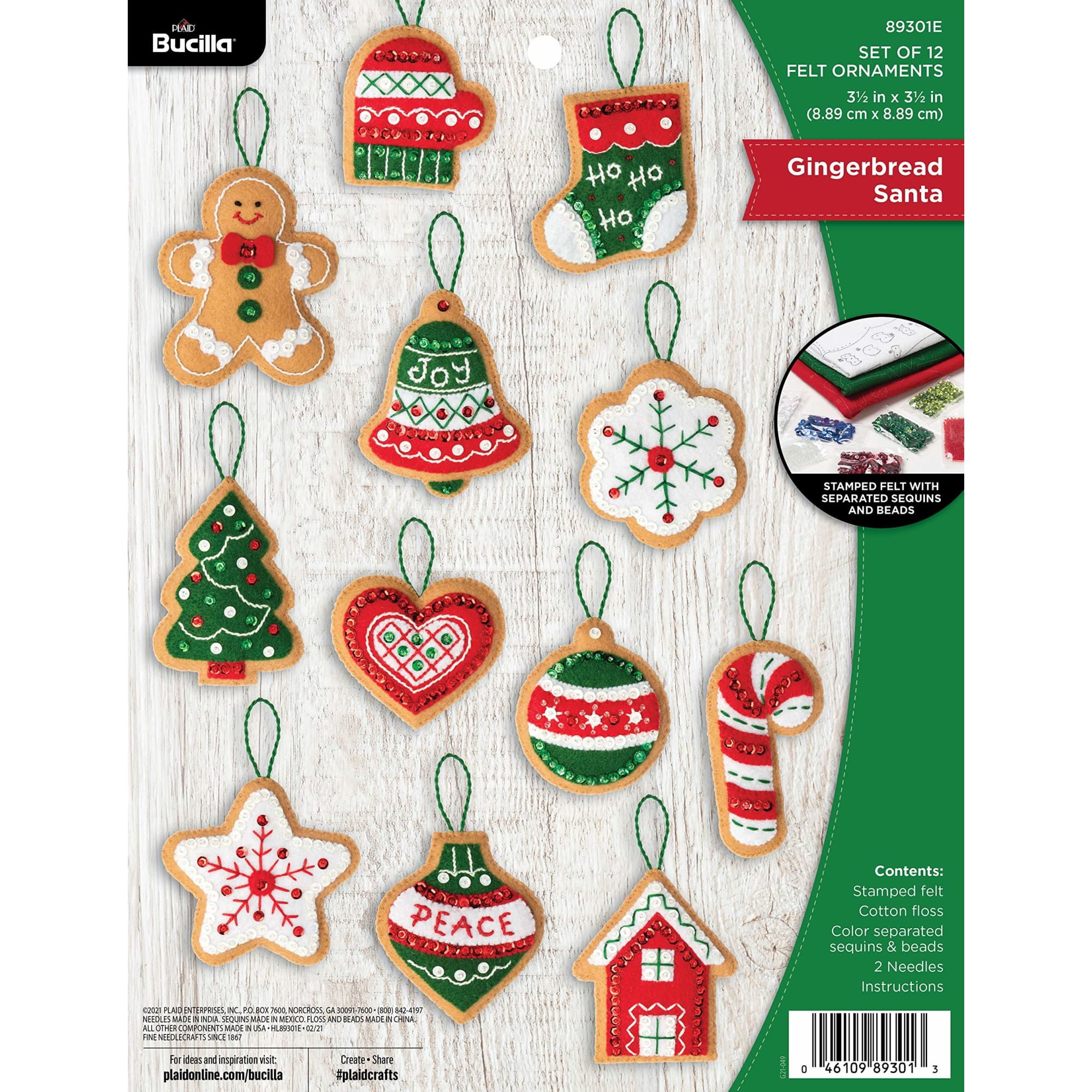 Bucilla Gingerbread Santa Felt Applique Ornament Kit, Set of 12, 3.5 x 3.5 in