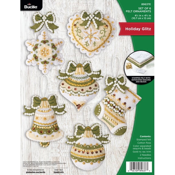 Bucilla Felt Applique 4.25" x 4.75" Holiday Glitz Christmas Ornament Embroidery Kit, 6 Pieces