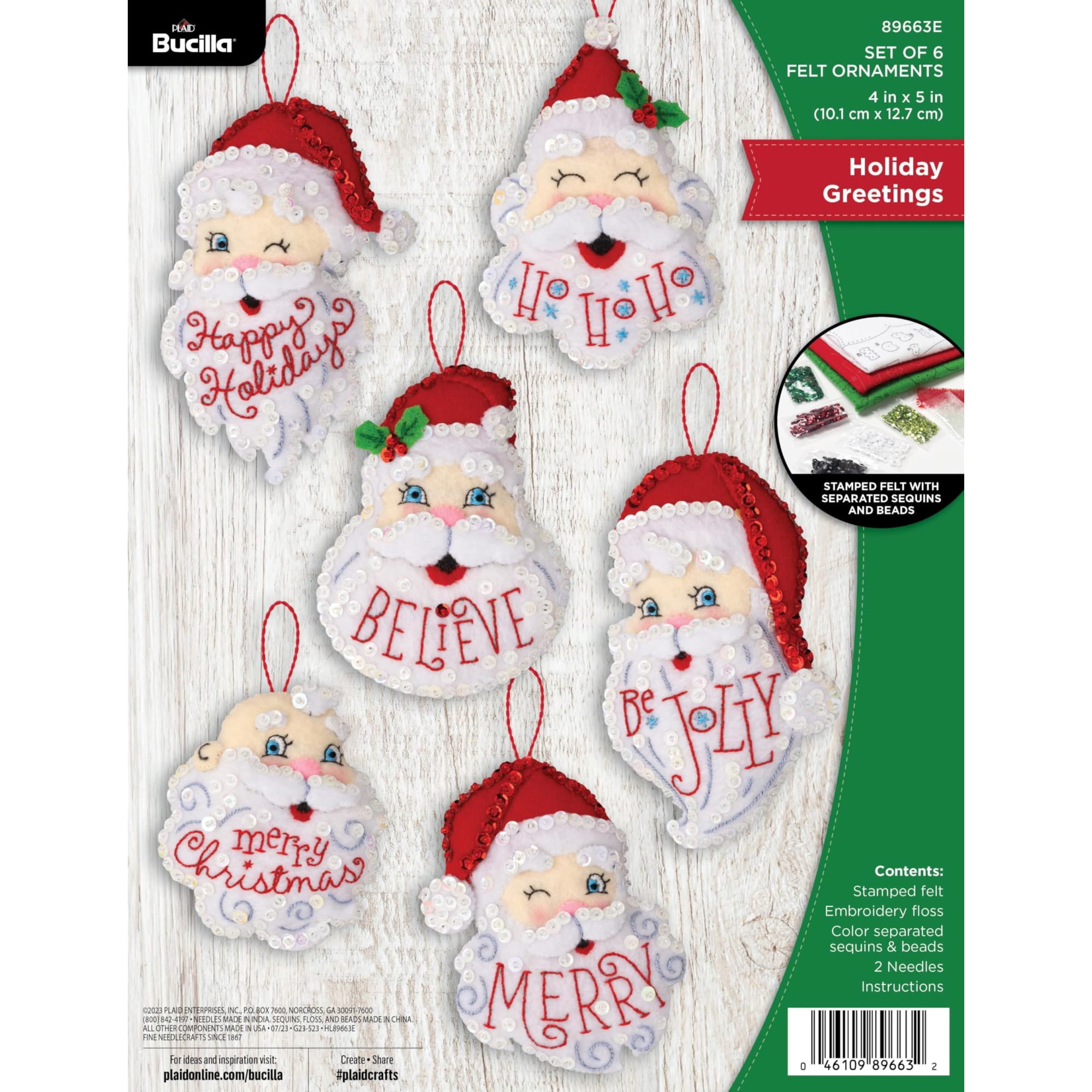 Bucilla Holiday Greetings 6 Count Felt Applique Ornament Kit, 4 x 5 in