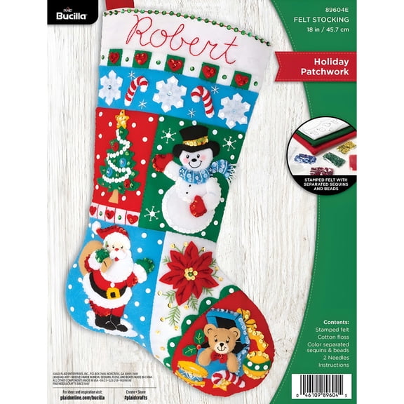 Bucilla Holiday Patchwork Christmas Felt Applique Stocking Kit, 18 in, 1 Count