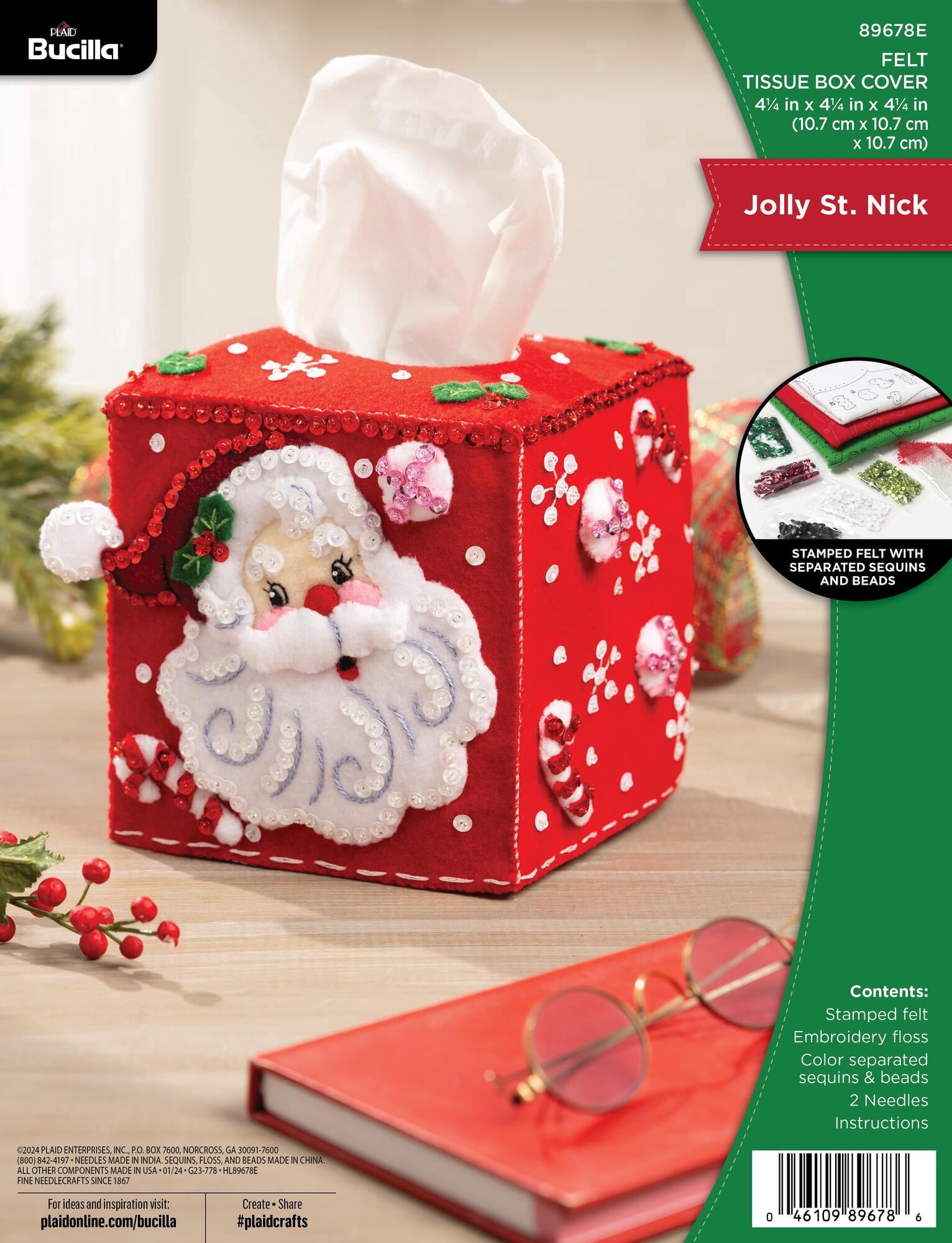 Bucilla Jolly St. Nick Felt Applique Tissue Box Cover Kit, 4.5 x 4.5 x 4.5 in