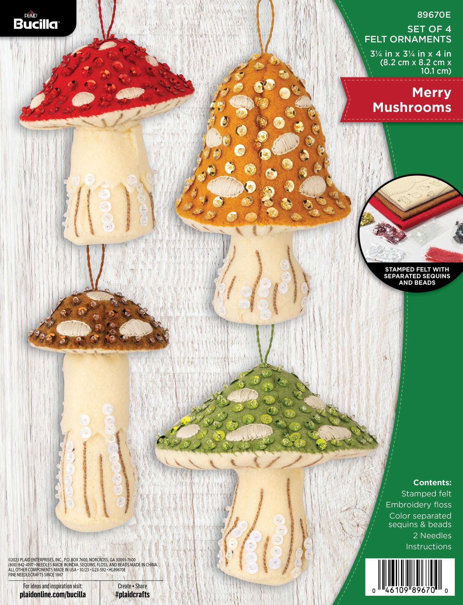 Bucilla Merry Mushrooms 4 Count Felt Applique Ornament Kit, 3.25 x 4 in