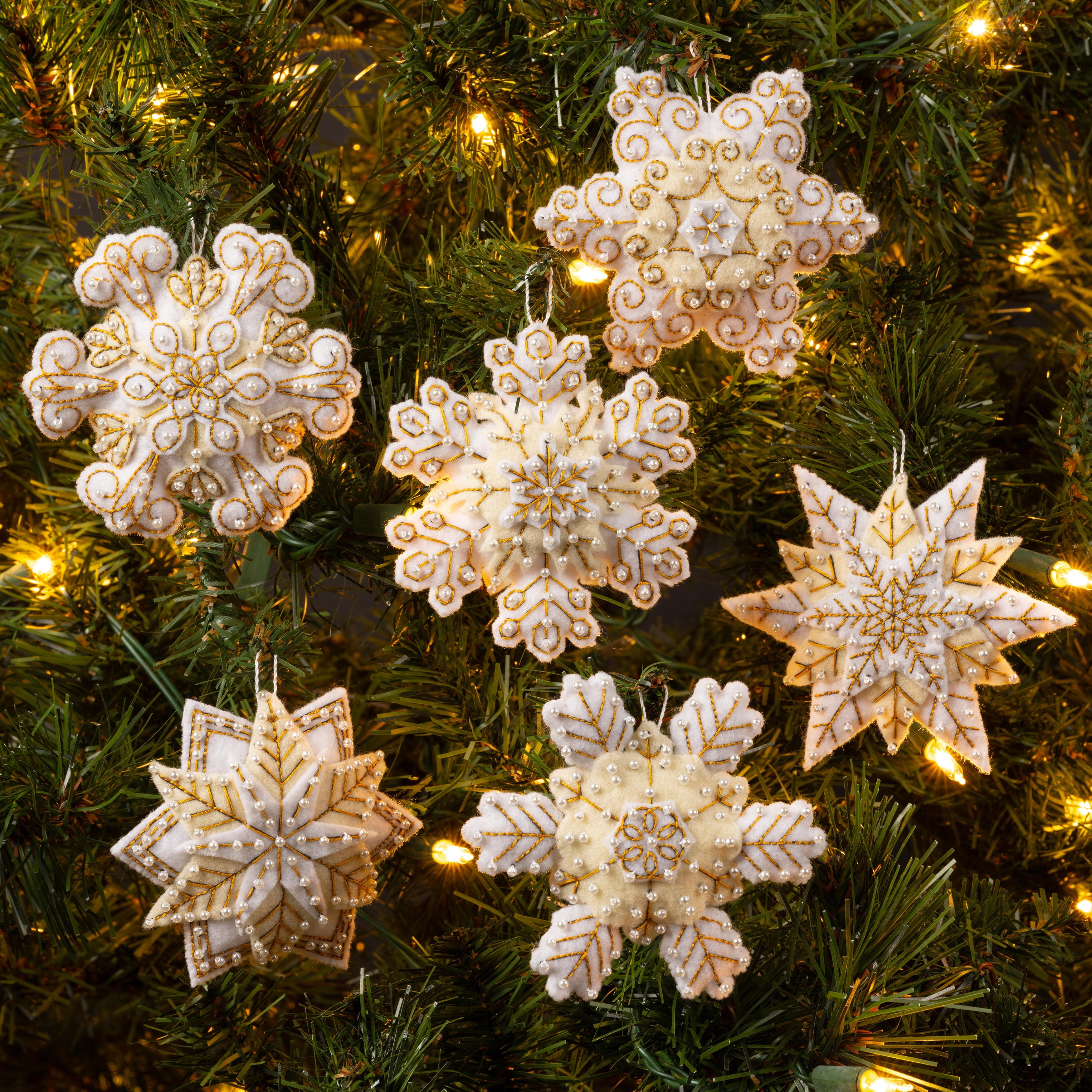 Pearl Snowflakes Cream and White Felt Ornament Kit