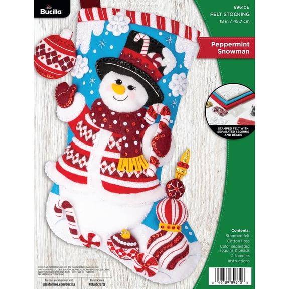 Bucilla 18" Peppermint Snowman Felt Applique Christmas Stocking Embroidery Kit
