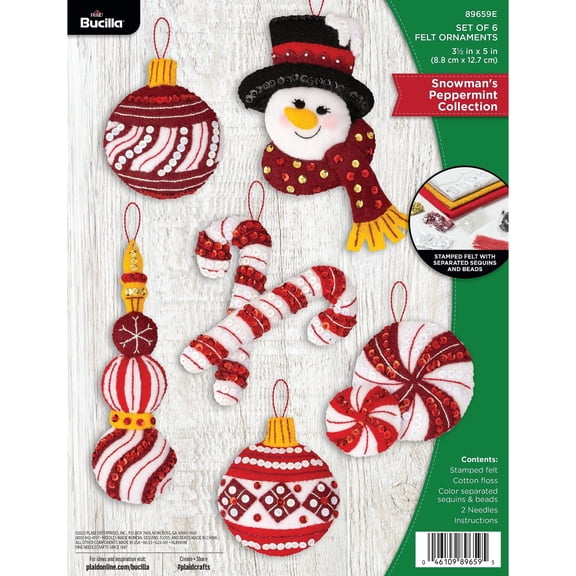 Bucilla Snowman's Peppermint Collection Felt Applique Ornament Kit, 3.5 x 5 in