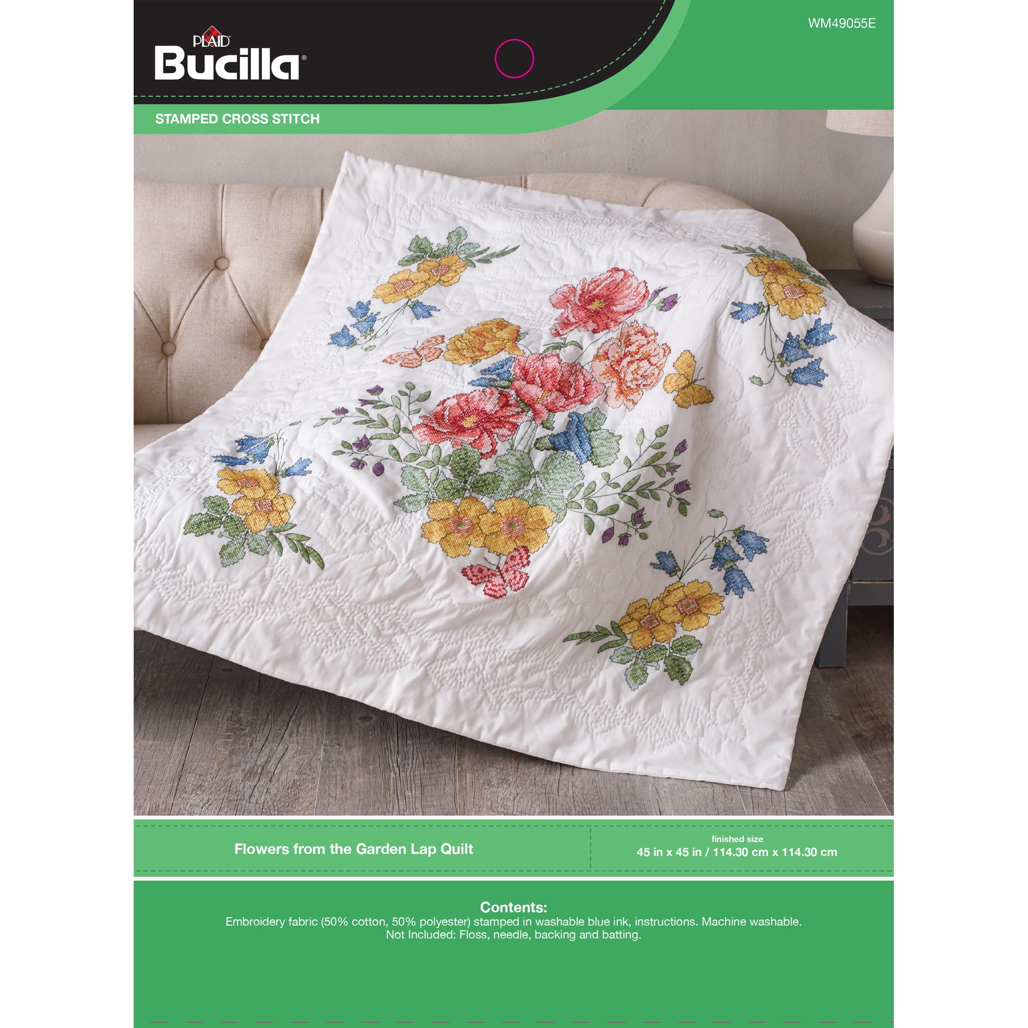 Bucilla Stamped Cross Stitch Lap Quilt, Flowers from the Garden, 45in x