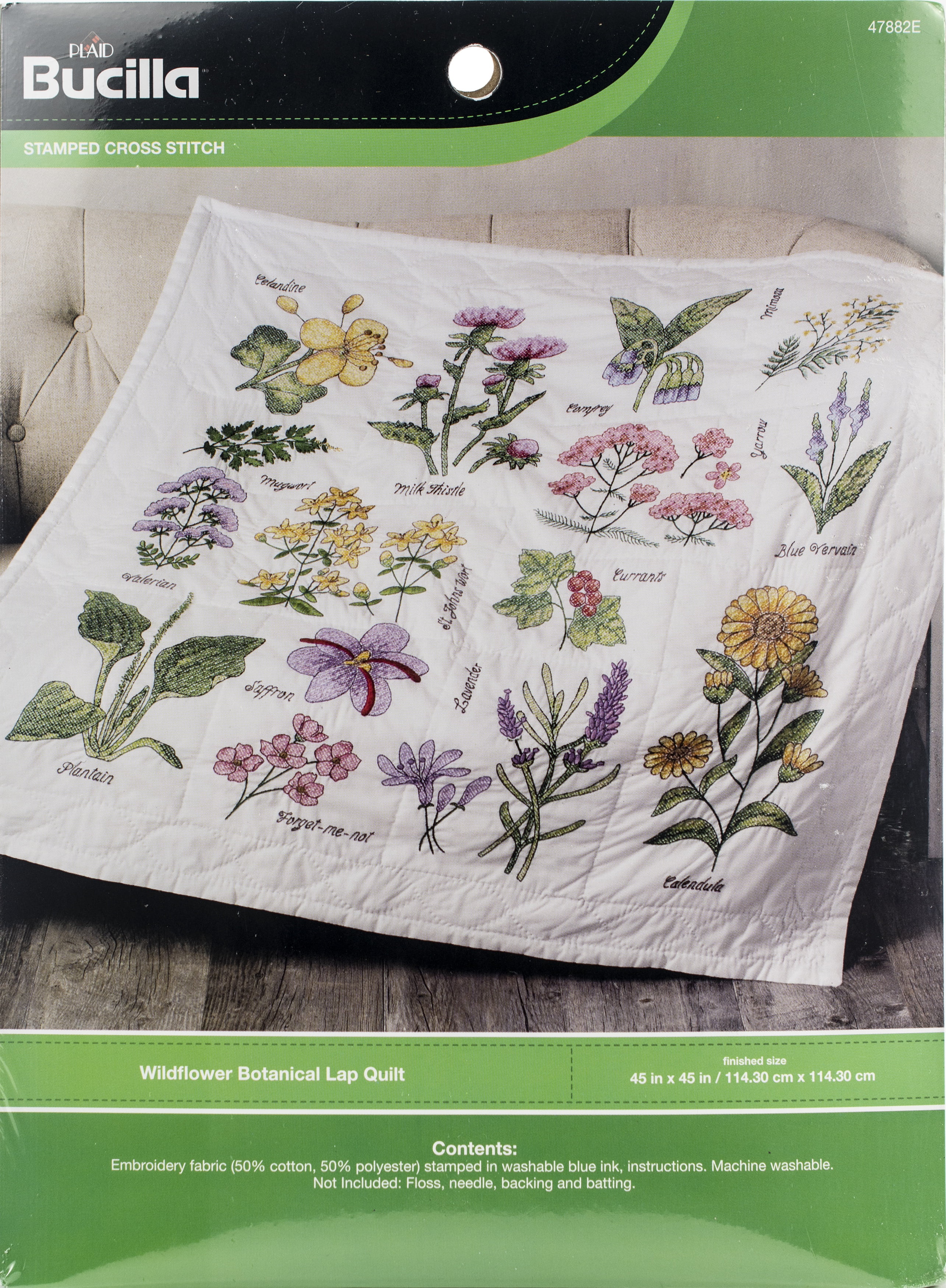 Bucilla Stamped Cross Stitch Lap Quilt Kit 45"X45"Wildflower Botanical