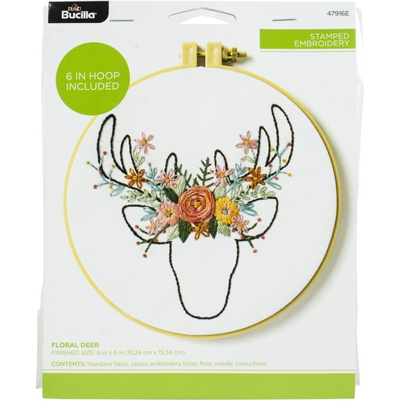 Bucilla Stamped Embroidery Kit 6" Round-Floral Deer