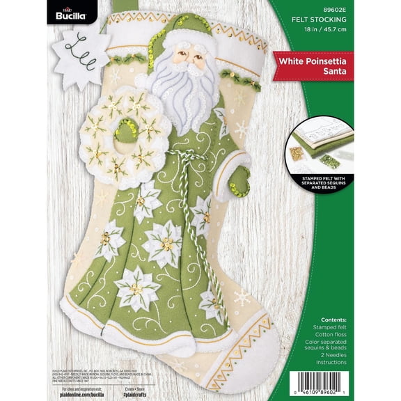 Bucilla White Poinsettia Santa Christmas Felt Applique Stocking Kit, 18 in, 1 Count