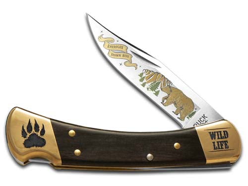 Buck 110 Wild Life Series Bear Ebony Wood Folding Hunter Knife 420HC Stainless Pocket Knife BK110WLS-BEAR