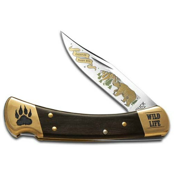 Buck 110 Wild Life Series Bear Ebony Wood Folding Hunter Knife 420HC Stainless Pocket Knife BK110WLS-BEAR