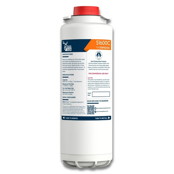 Buck 51600C Replacement Filter - Compatible with EWF6000 Bottle Filling Stations, NSF/ANSI Certified, Removes Lead & Microplastics, 6000 Gallons/12 Months, No Chip - 1 Pack