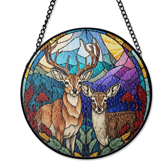 Buck And Doe Deer Nature Suncatcher Stained Glass Style UV Printed Glass Hunting Wildlife Lover Gift Round