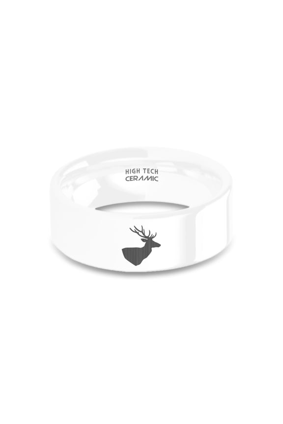 Buck Deer Stag Antlers Laser Engraved Polished White Ceramic Ring, 8mm, Size 10.5
