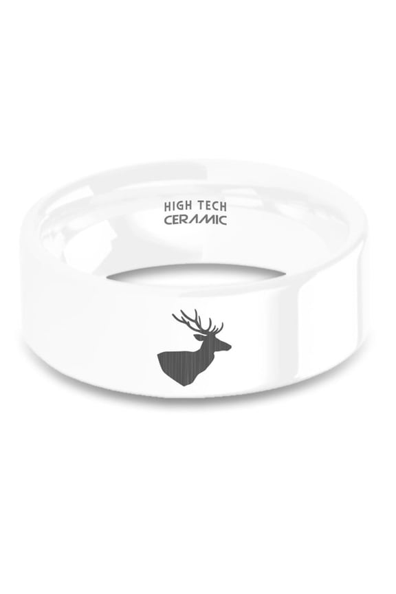 Buck Deer Stag Antlers Laser Engraved Polished White Ceramic Ring, 8mm, Size 9.5
