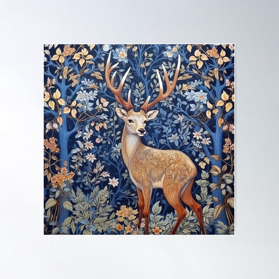 Buck DeerA Blue Forest William Morris Style Poster Wall Art Modern Wall Decor For Living Room Bedroom