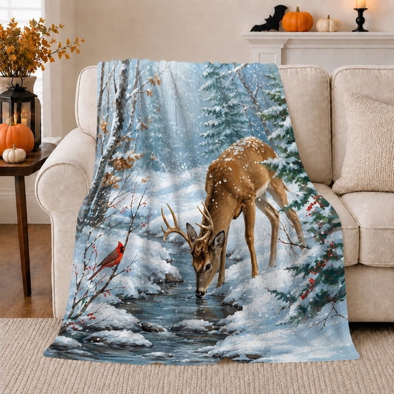 Buck Drinking from Snowy Forest Stream with Cardinal, Peaceful Rustic Wildlife Art for Deer Lovers, Warm Flannel Blanket for Cabin and Lodge, Father's Day Gift, Home Decor