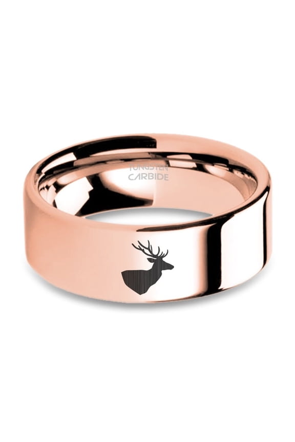 Buck Head Deer Antlers Engraved Rose Gold Polished Tungsten Ring, 8mm, Size 10