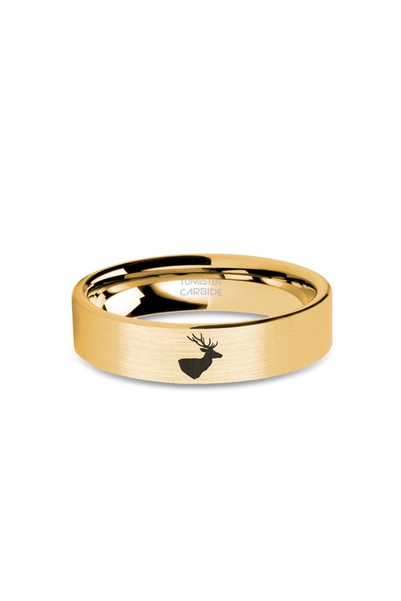 Buck Head Stag Engraved Brushed Yellow Gold Tungsten Wedding Band, 6mm, Size 9.5