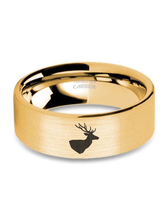 Buck Head Stag Engraved Brushed Yellow Gold Tungsten Wedding Band, 8mm, Size 11