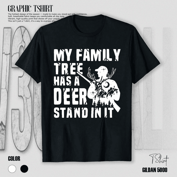 Buck Hunting Family Tree Deer Stand Hunter Graphic Design T-Shirt V16793, for Men & Women, up to Size 5XL