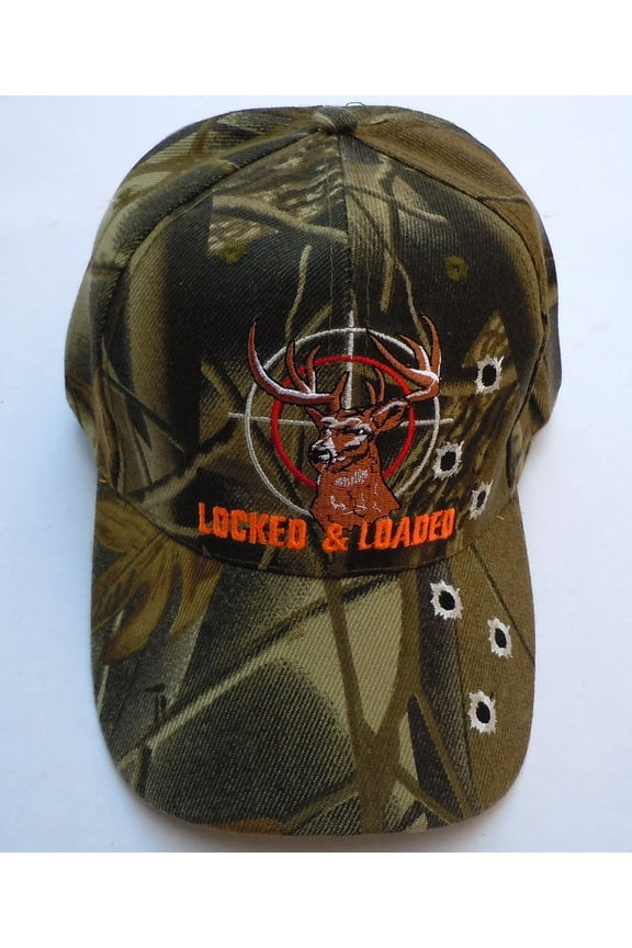 Buck In Sight LOCKED & LOADED with Bullet Holes Baseball Hat (Camouflage)