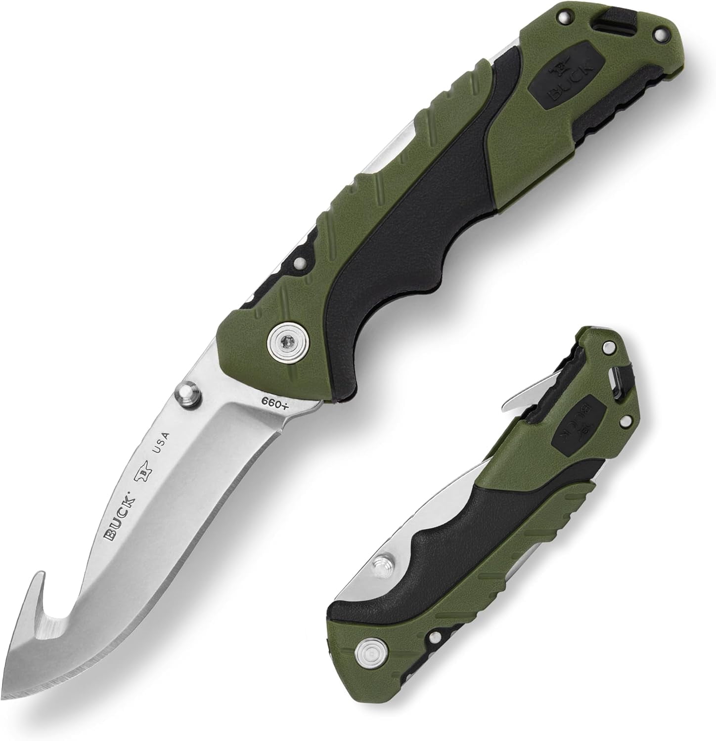 Buck Knives 660 Large Folding Pursuit Guthook Hunting Knife, 3-1/2" Blade, Nylon Handle, Green, 3.6 oz