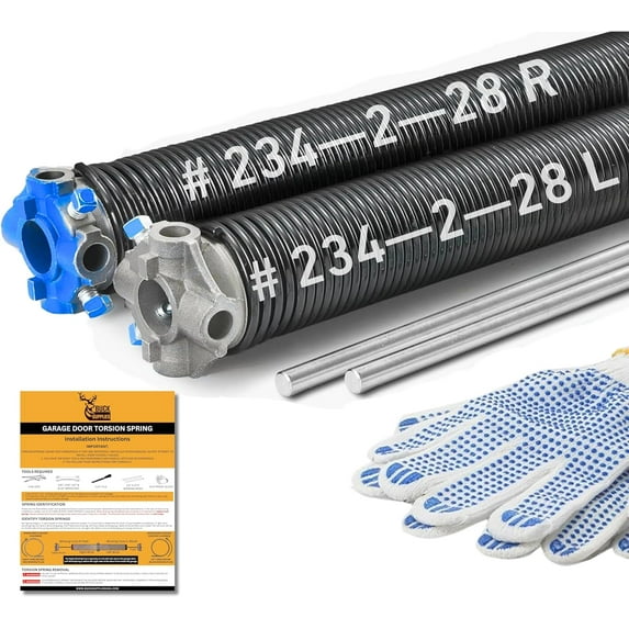 Buck Pair of 2" Heavy Duty Garage Door Torsion Springs Set with Non-Slip Winding Bar & Gloves - High Precision Replacement with Electrophoresis Black Coating, Minimum 20,000 Cycles (0.234x2''x28'')