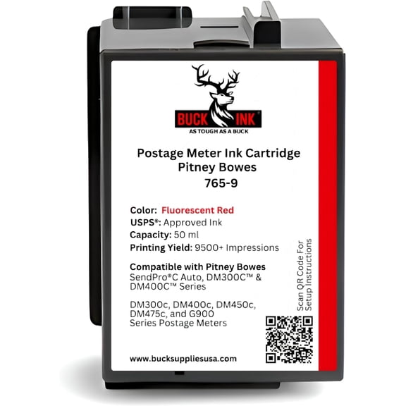 765-9 Replacement Red Ink Cartridge for Pitney Bowes SendPro C, SendPro+, DM300C, DM400C, DM450C, DM475C & G900 Series Postage Meters (50ml)