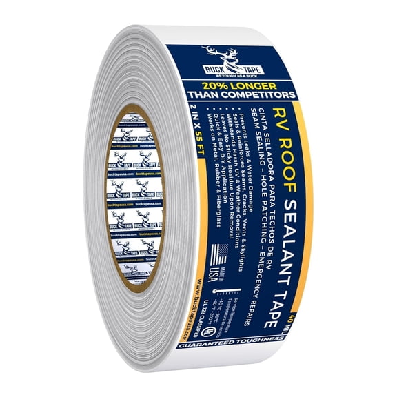 Buck RV Roof Sealant Tape – 2 Inch x 55ft, 40 Mil – Waterproof RV Tape for Roof Repair, Seams, Skylights, Vents & Window Leaks on Camper, Trailer & Boat, UV Resistant & Weatherproof, White, 1 Pack