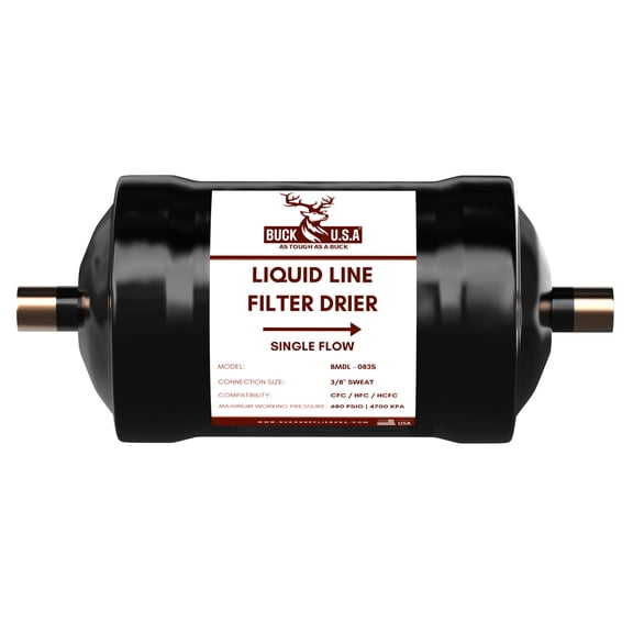 Buck Single Flow Refrigerant Liquid Line Filter Drier 3/8" ODF Sweat BDML-083S - Compatible with CFC, HCFC, HFC - Straight Cool Air Conditioners (1-5 Tons)
