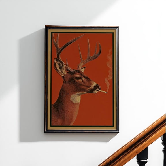 Buck Smoking Cigarette Vintage Whitetail Deer Hunting Cabin Decor Retro Hunter Outdoors Dad, Unframed Poster