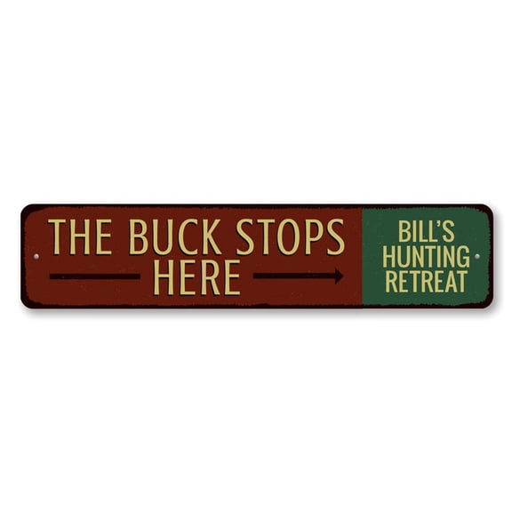 Buck Stops Here Sign, Arrow Hunting Retreat Sign, Hunting Lodge Decor, Hunter Man Cave Aluminum Sign - 4x18 inches