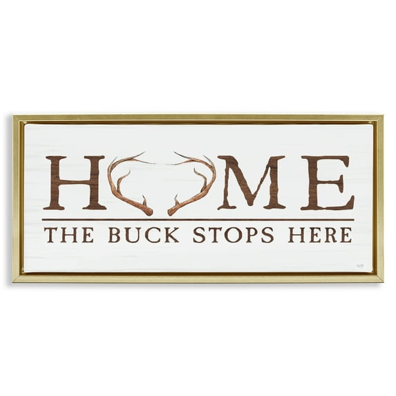 Stupell Industries Buck Stops Here Typography Gold Framed Floater Canvas Wall Art, design by Lux + Me Designs, 14 x 31
