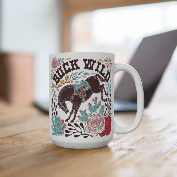 Buck Wild Mug Western Cowgirl Coffee Cup Retro Ranch Aesthetic Gift Floral Desert Horse Art 15oz