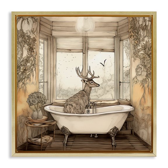 Stupell Industries Buck with Antlers Bath Time Gold Framed Floater Canvas Wall Art, design by Sasha