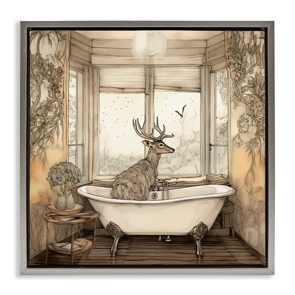 Stupell Industries Buck with Antlers Bath Time Gray Framed Floater Canvas Wall Art, design by Sasha
