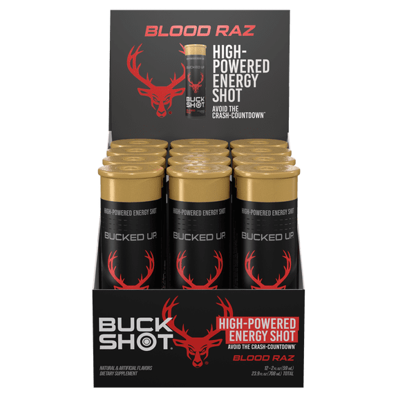 Bucked Up Buck Shot Energy Shot, Blood Raz, 2 fl oz Bottles, 12 Pack