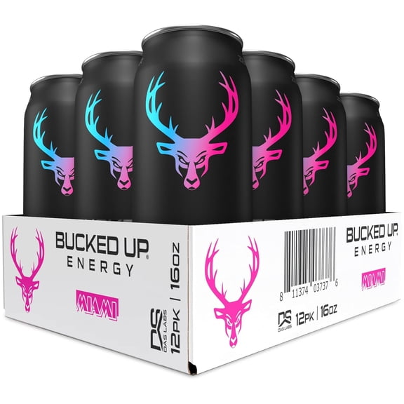 Bucked Up Energy Drink Miami Flavor, 16 oz Cans, 12 Pack Performance Energy Beverage