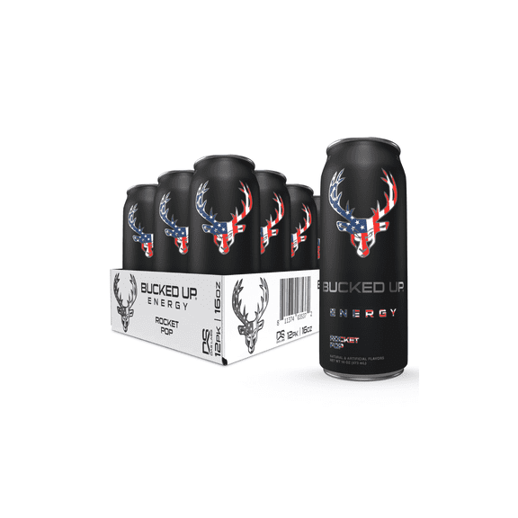 Bucked Up Energy Drink Rocket Pop Flavor 16oz Cans 12 Pack Performance Energy Beverage