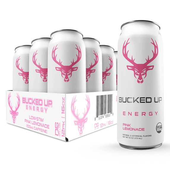 Bucked Up Low Stim Energy Drink, Pink Lemonade, 12 Cans, 16 fl oz, 100 mg Caffeine