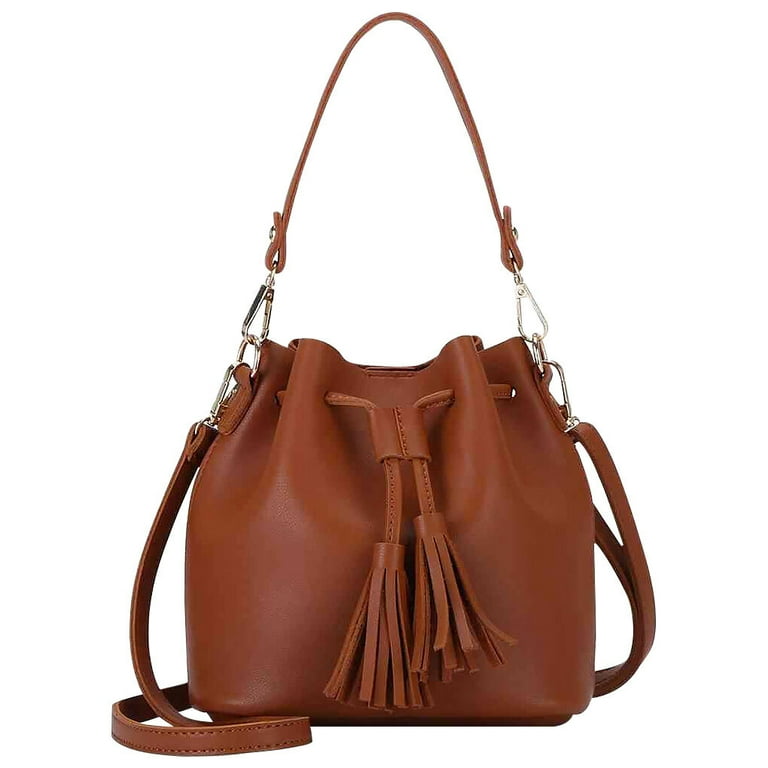 Bucket Bag Faux Leather Tassel Drawstring Crossbody Pouch Women