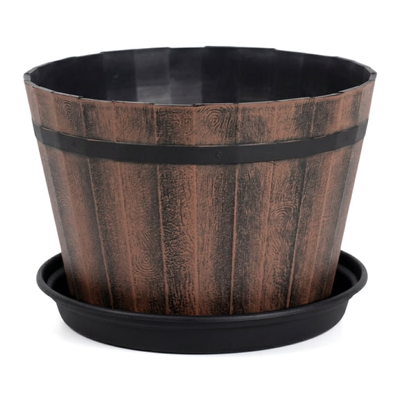 Bucket Barrel Garden Planter, Rustic Flower Planter Pot and Saucer Flower Pot for Living Room Indoor Garden, 6inch