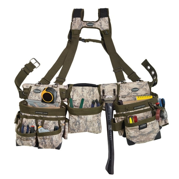 Bucket Boss 3 Tool Bag Tool Belt with Suspenders, in Digital Camo, 55185-DIGC
