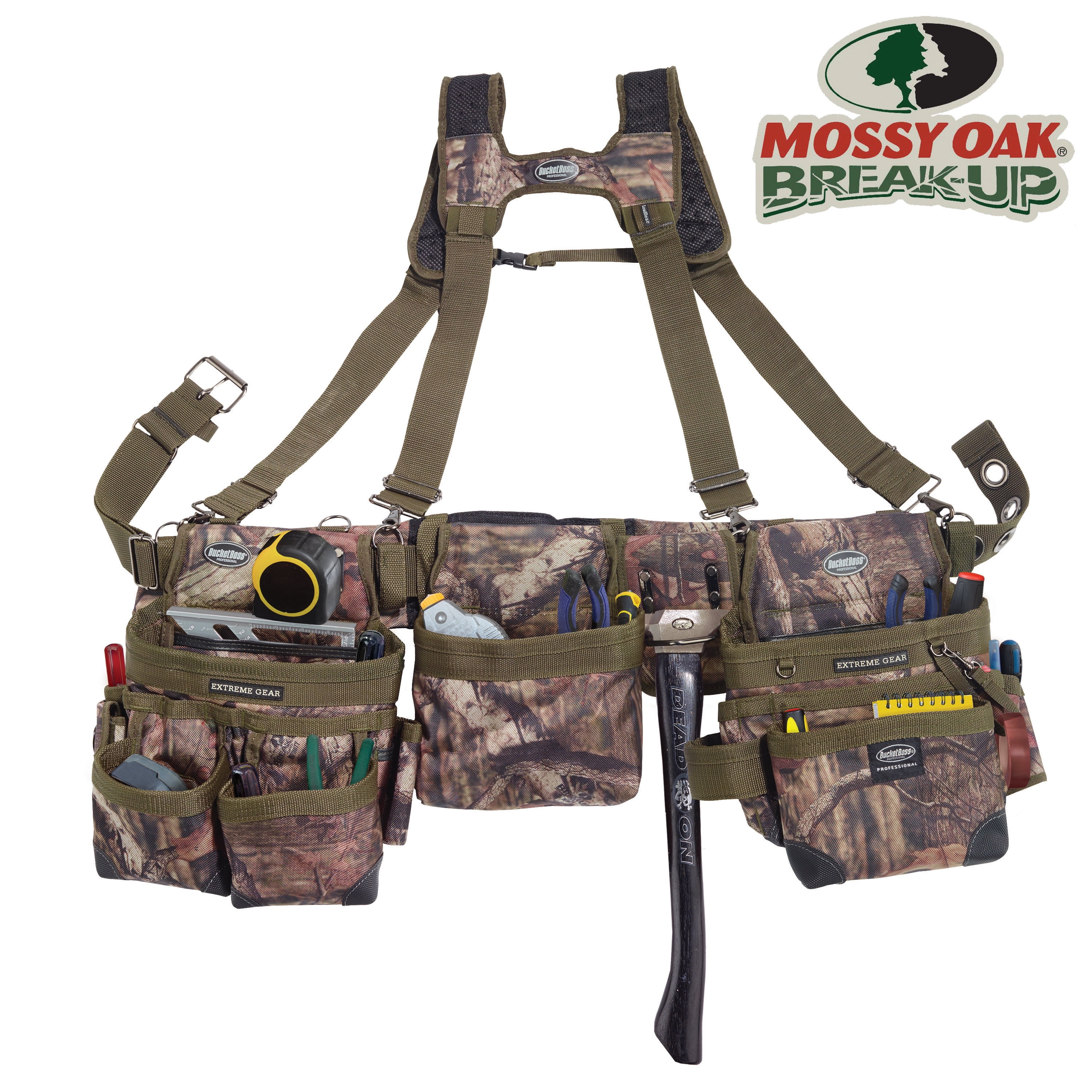 Bucket Boss 3 Tool Bag Tool Belt with Suspenders, in Mossy Oak Camo ...