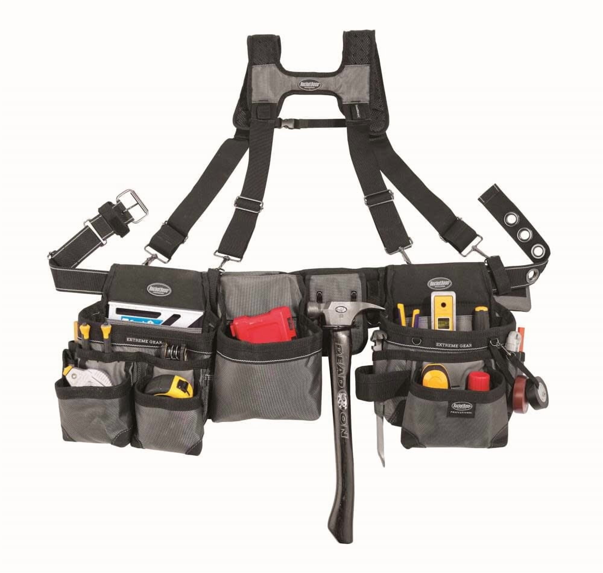 Bucket Boss Mullet Buster 3 Tool Bag Tool Belt with Suspenders, in Grey, 55135