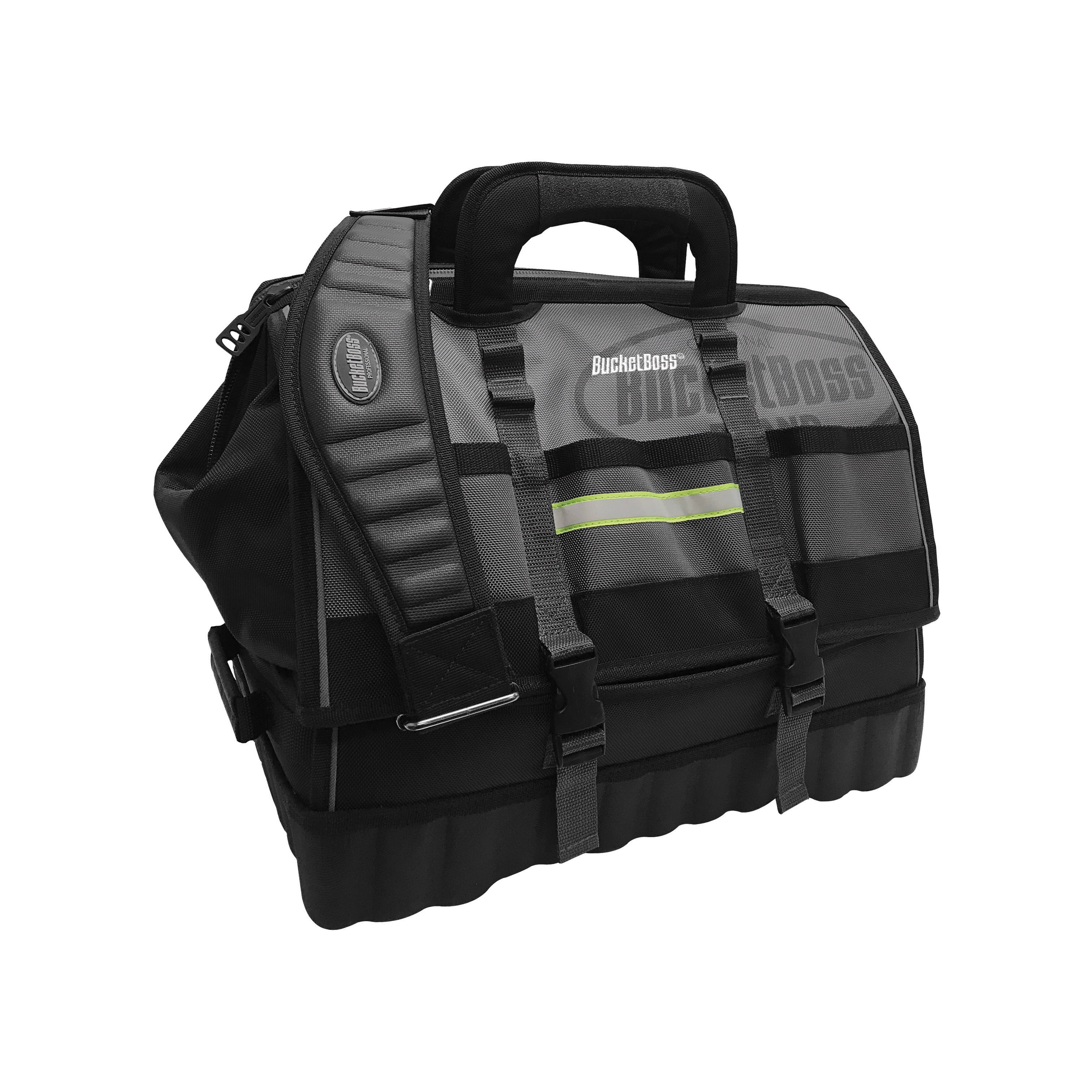 Bucket Boss Pro High-Visibility Drop-Bottom Gatemouth 18 in. Tool Bag, in Grey, 68118-HV